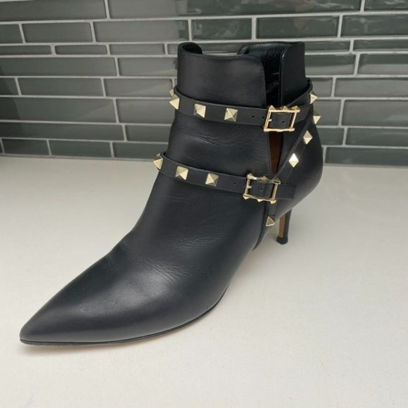 Valentino Garavani Shoes - VALENTINO Garavani Black Leather Rockstud Moto Ankle Booties - IT 39/US 9